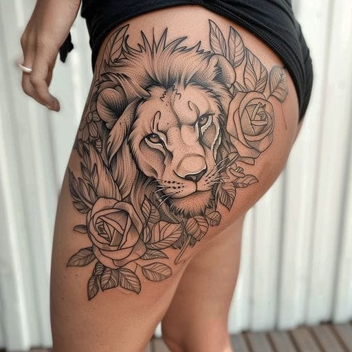 Fierce elegance takes center stage in this stunning thigh piece where a majestic lion's gaze pierces through delicate rose blooms and flowing foliage. The masterful linework creates incredible depth and movement, with each petal and whisker rendered in exquisite detail that follows the natural curves of the leg. A perfect marriage of strength and beauty, this design transforms the thigh into a canvas of wild sophistication. 🦁
