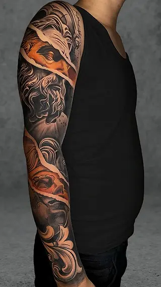 Masterful Japanese artistry flows seamlessly down this full sleeve, featuring bold koi fish swimming through swirling waves and ornate clouds in rich amber and copper tones. The traditional irezumi style showcases incredible depth and movement, with each element perfectly balanced to create a cohesive underwater dreamscape. 🌊 The warm color palette and expert shading technique transform the entire arm into a living canvas of ancient symbolism and modern tattoo mastery.