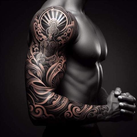 Masterful blackwork flows like liquid shadow across this full sleeve, where ornate baroque flourishes dance around what appears to be a regal sunburst medallion at the shoulder. The intricate scrollwork and dimensional shading create an almost sculptural quality against the skin, transforming the entire arm into a canvas of dark elegance. 🖤 Pure artistry in motion.