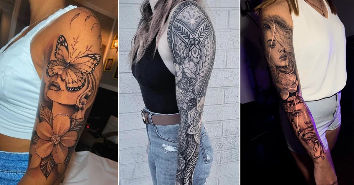 **Left Image:** Delicate butterflies dance across skin in this stunning half-sleeve masterpiece, where feminine portraiture meets nature's most graceful creatures. The intricate linework and floral elements create a dreamy composition that flows beautifully from shoulder to elbow.

**Middle Image:** Bold geometric patterns and ornate mandalas transform this full sleeve into wearable art, showcasing incredible detail work that catches light and shadow perfectly. Every inch tells a story through intricate lacework designs that wrap the arm like an elegant textile.

**Right Image:** Realistic portraiture takes center stage in this dramatic sleeve, featuring hauntingly beautiful faces surrounded by blooming roses 🌹 The artist's skill in capturing emotion and expression elevates this piece beyond typical tattoo work into fine art territory.