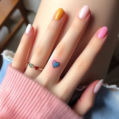 Delicate finger ink meets whimsical charm in this adorable blue heart tattoo that perfectly complements the wearer's colorful nail art. The minimalist design sits beautifully on the finger, creating an unexpected pop of color that feels both playful and sophisticated 💙 Small but mighty, this tiny tattoo proves that the most impactful body art doesn't need to take up much real estate.