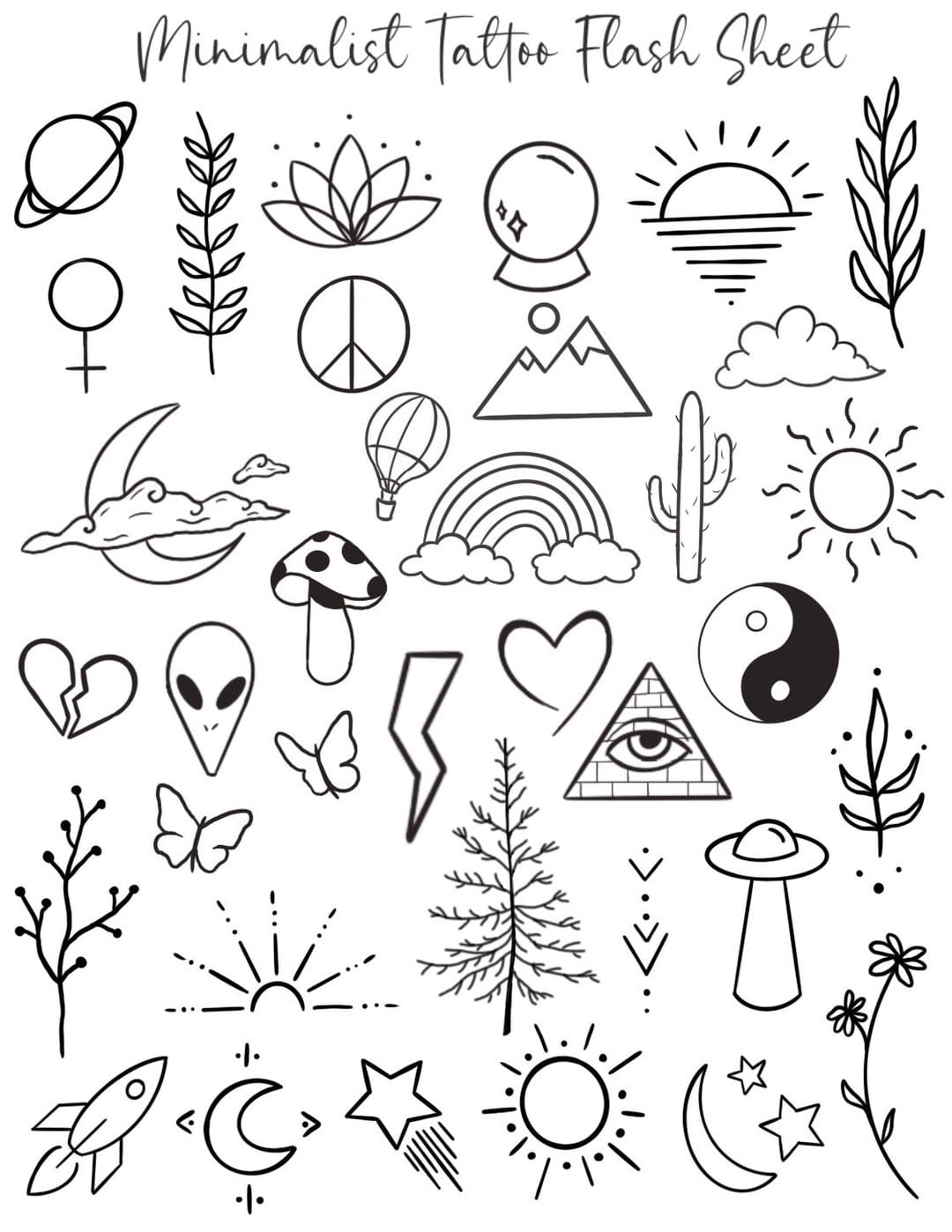 Clean lines and cosmic vibes collide in this stunning minimalist flash sheet that's pure tattoo gold ✨ From delicate botanical elements to celestial symbols, each design offers endless mix-and-match possibilities for creating your own unique story. Perfect for anyone seeking that effortless, modern aesthetic with deep symbolic meaning woven throughout every simple stroke.