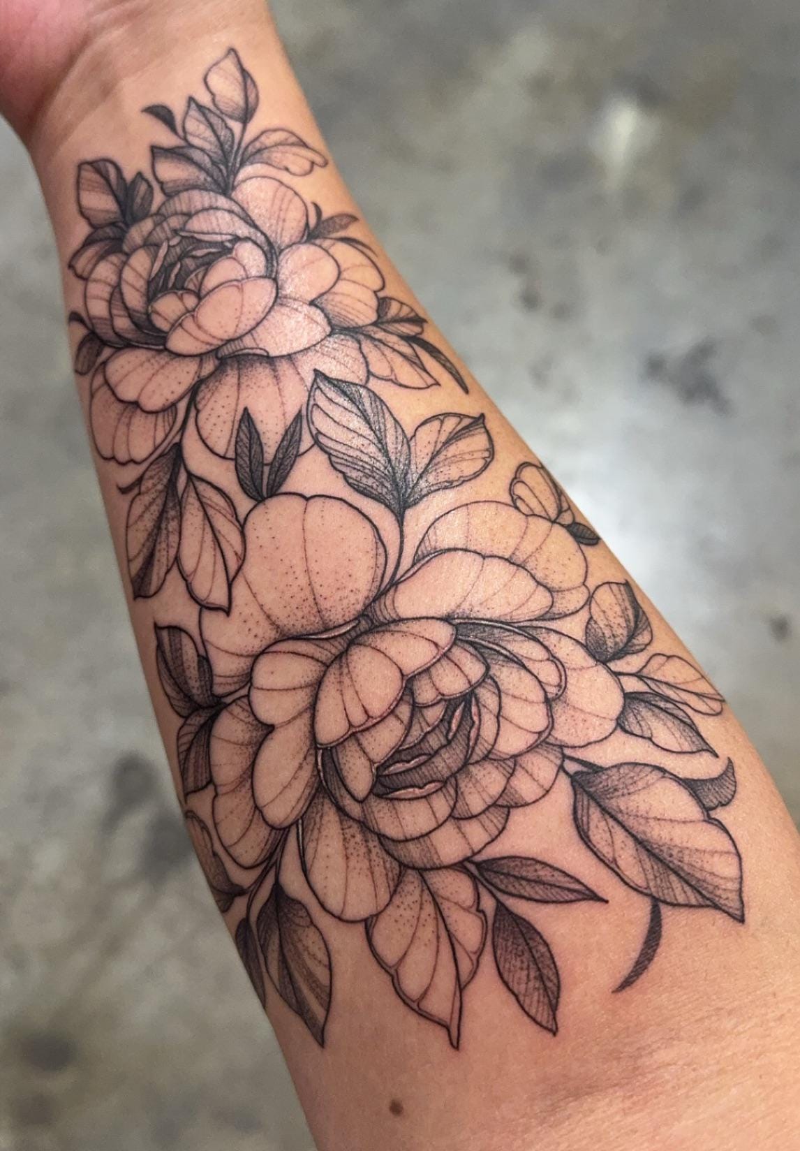 Delicate linework transforms into a botanical masterpiece across this forearm, where peonies bloom in stunning black and gray detail. The intricate dot work and cross-hatching technique creates incredible depth and dimension, making each petal appear to lift right off the skin 🌸 Perfect placement that follows the natural curve of the arm while showcasing the artist's exceptional technical skill.