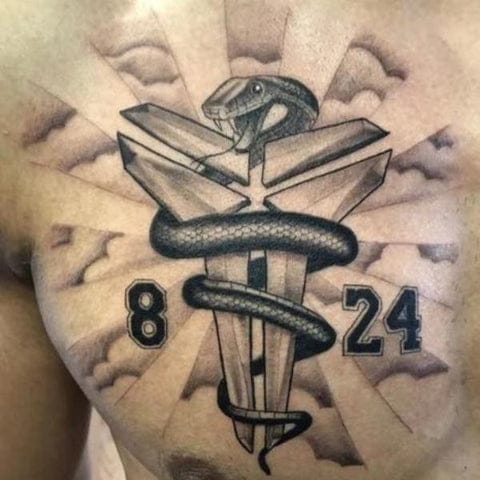 Bold symbolism takes center stage in this striking chest piece, where a serpent-wrapped dagger pierces through stacked books against radiating sunburst lines. The 