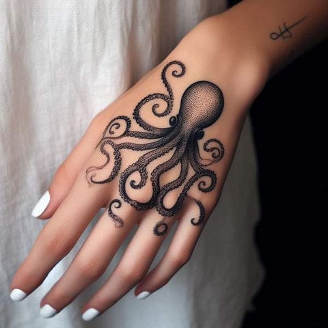 Flowing gracefully across the palm and fingers, this mesmerizing octopus design transforms the hand into an underwater canvas 🐙 The intricate dotwork shading and curling tentacles create stunning dimension, while the bold placement makes every gesture a work of art. Perfect for ocean lovers who want their ink to make waves wherever they go.