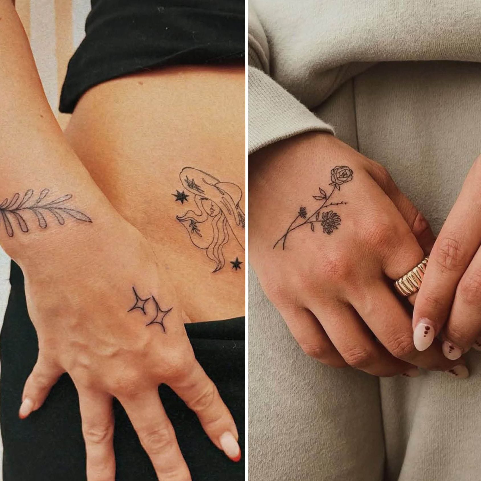 Delicate line work transforms these hands into a canvas of celestial and botanical poetry ✨ The left palm showcases mystical elements like stars, a moon-crowned figure, and feathery details, while the right hand blooms with minimalist roses and thorny stems. Perfect for those who want their body art to tell a story of magic meeting nature in the most intimate spaces.