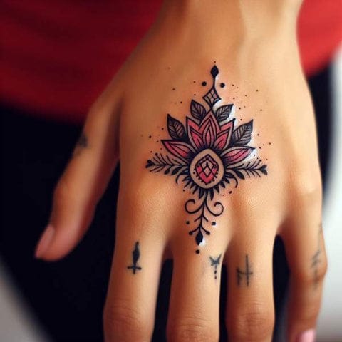 Mandala magic blooms across the back of this hand in a stunning display of botanical artistry 🌸 The intricate floral design features delicate petals in rich burgundy and pink hues, perfectly complemented by geometric dotwork that flows from the central bloom down to minimalist finger accents. This placement transforms everyday gestures into moments of living art.