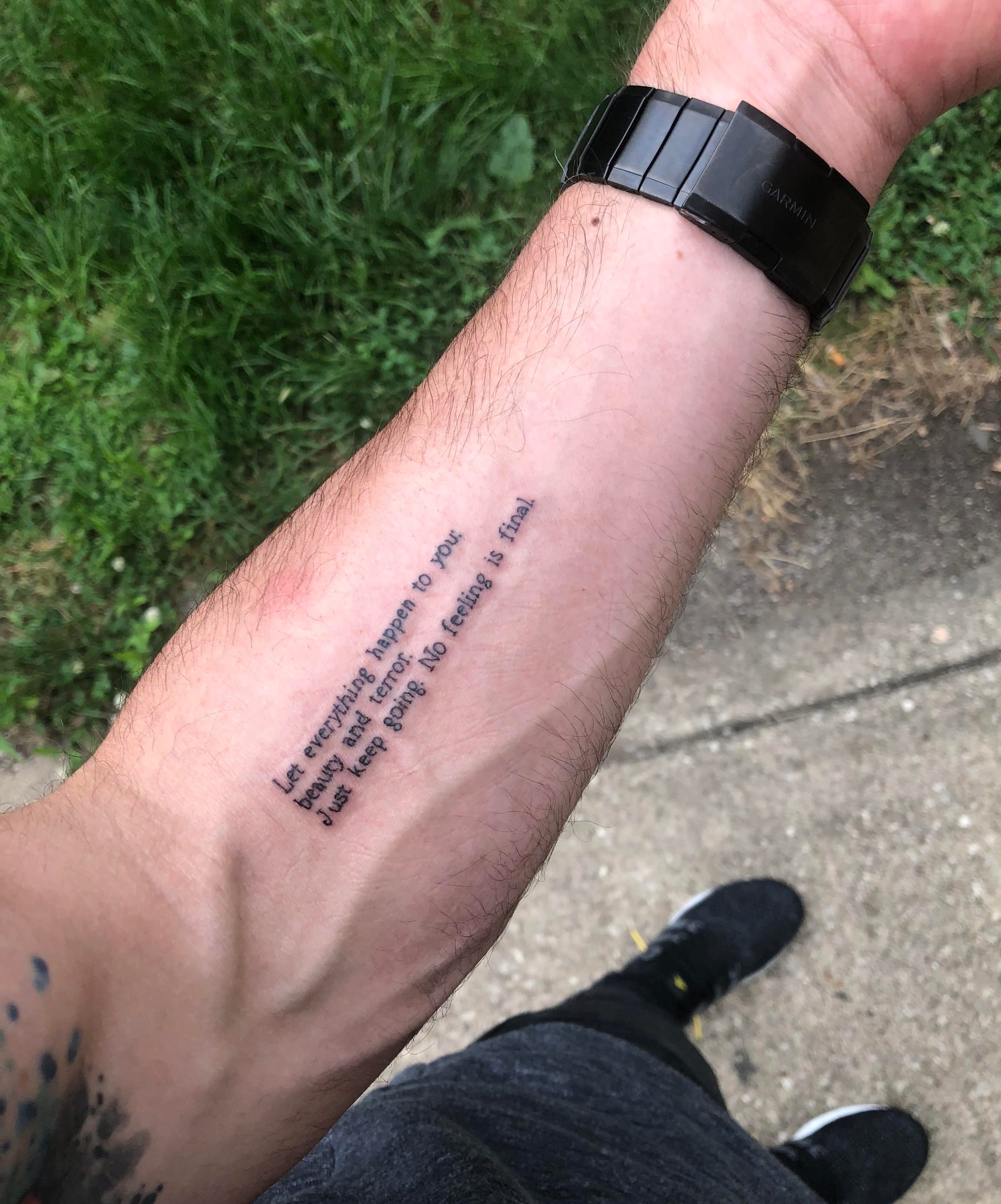 Philosophical ink flows down this forearm like a gentle reminder written in permanent marker ✨ The clean, minimalist typography transforms skin into a living journal page, with each line of text creating a powerful statement about resilience and moving forward. Perfectly positioned to catch the wearer's eye daily, this literary tattoo serves as both personal mantra and conversation starter.