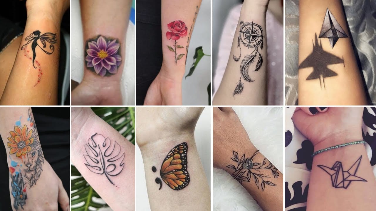 Here are 10 unique Pinterest descriptions for these tattoo designs:

**Delicate vines dance across skin with watercolor splashes of coral and amber, creating an ethereal botanical masterpiece that seems to bloom in real time. 🌸**

**Bold purple petals unfold in stunning realism on this wrist placement, proving that floral tattoos can be both feminine and fierce.**

**A single crimson rose climbs the forearm like a romantic whisper, its lifelike shading and perfect proportions making it appear freshly picked from an English garden.**

**Wanderlust meets artistry in this compass-and-feathers combo that speaks to free spirits and adventure seekers everywhere—the delicate linework is absolutely flawless.**

**Geometric precision takes center stage with this bold triangular design, where sharp angles and dramatic shadows create an almost architectural feeling on skin.**

**Half-realism meets artistic flair in this stunning lion-sunflower fusion, blending strength and beauty with watercolor accents that pop against the detailed linework.**

**Minimalist magic strikes again with this elegant monstera leaf outline—sometimes the most impactful tattoos are the ones that whisper rather than shout. 🍃**

**Nature's tiny miracle gets the spotlight treatment with this incredibly detailed monarch butterfly, where every wing pattern and color gradient mimics the real thing