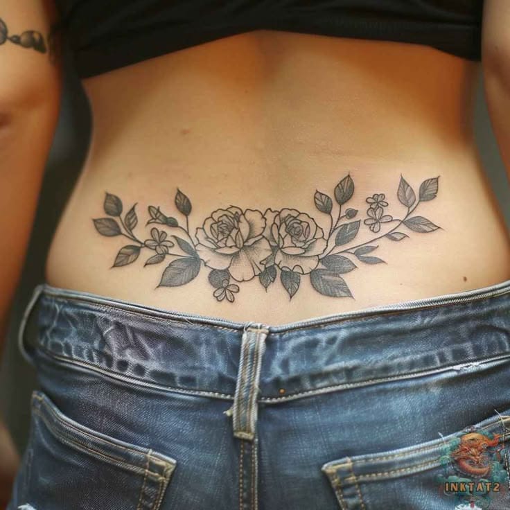 Gracefully spanning across the lower back, this delicate floral arrangement features beautifully detailed roses intertwined with leafy vines in classic black and gray linework. The horizontal placement creates an elegant botanical garland effect that perfectly complements the natural curves of the body. A timeless choice that combines feminine florals with sophisticated fine-line artistry 🌹