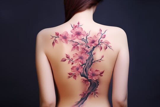 Gracefully cascading down the spine, this ethereal cherry blossom tattoo transforms the back into a living canvas of delicate pink petals and flowing branches. The artistic placement follows the natural curve of the body, creating an organic masterpiece that celebrates both feminine beauty and the symbolic meaning of renewal and fleeting moments 🌸