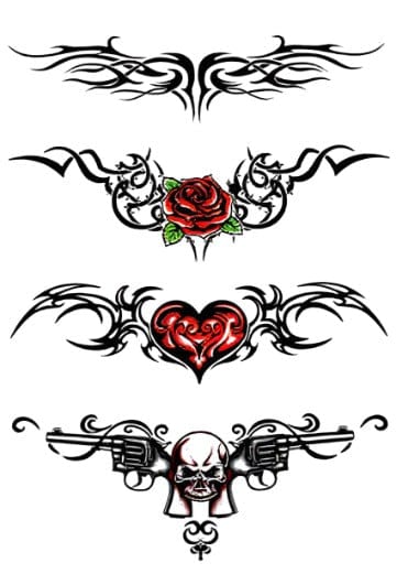 **Symmetrical tribal wings spread gracefully across the skin, their flowing lines creating a sense of movement and freedom.** These bold black designs would look stunning as shoulder blade or lower back pieces, symbolizing protection and spiritual ascension.

**Thorny vines intertwine with passionate red roses in this romantic tribal fusion design.** The contrast between the sharp, angular tribal elements and the soft, organic florals creates a beautiful balance of strength and femininity 🌹

**A crimson heart takes center stage, wrapped in protective tribal flames that seem to dance outward.** This powerful piece speaks to love that burns bright and fierce, making it perfect for those who wear their passion on their skin.

**Crossed revolvers frame a stoic skull in this edgy Western-inspired tribal design.** The intricate scrollwork and weaponry create a badass aesthetic that would make an incredible chest or back piece for anyone channeling outlaw energy.