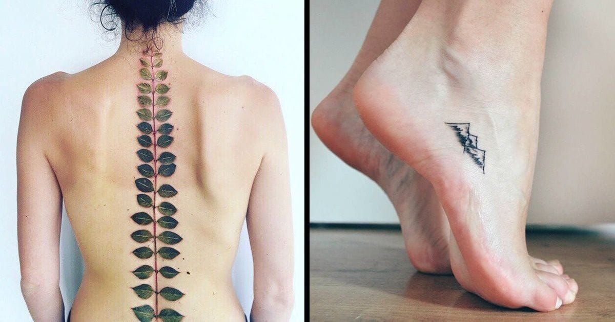 Nature's perfect symmetry blooms down this spine in a stunning botanical masterpiece, with delicate leaves transitioning from emerald to deep forest green along a crimson stem. Meanwhile, that minimalist mountain range tattooed on the foot's arch creates such an unexpected and artistic placement—like carrying a tiny landscape wherever you wander 🌿