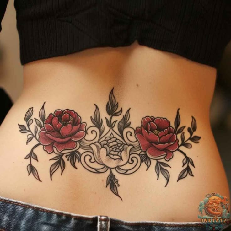 Delicate crimson roses bloom across the lower back in perfect symmetry, their petals rendered with stunning dimensional shading that makes them appear to rise from the skin. The intricate lacework centerpiece connects the florals with ornate scrollwork, while graceful leaves cascade outward to create a naturally flowing composition. This piece showcases masterful traditional tattooing technique with its bold outlines and rich color saturation 🌹