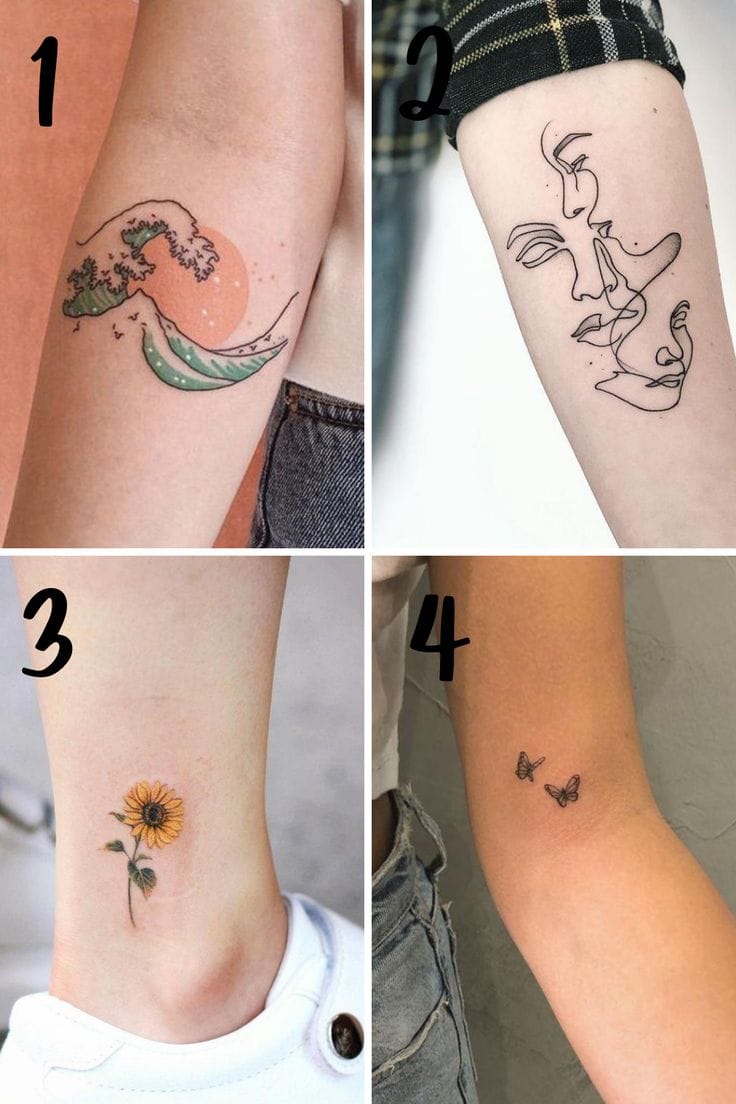 Here are unique Pinterest descriptions for each tattoo:
**1.** Hokusai's iconic wave gets a dreamy makeover with soft pastels and delicate florals cascading from its crest 🌸 The perfect blend of Japanese artistry and feminine botanical beauty, this piece transforms the powerful ocean into something ethereally romantic.
**2.** Minimalist line art captures an intimate moment between two faces in profile, creating negative space that's just as compelling as the ink itself. Clean, continuous strokes flow seamlessly across the skin, proving that sometimes the most powerful tattoos whisper rather than shout.
**3.** A cheerful sunflower blooms along the ankle bone, its golden petals radiating warmth and positivity with every step. Perfectly proportioned for this delicate placement, it's like carrying a pocket of sunshine wherever you go.
**4.** Delicate butterfly silhouettes dance across the forearm in graceful formation, their tiny forms suggesting movement and metamorphosis. Sometimes the smallest tattoos carry the biggest meanings - a gentle reminder that transformation comes in many sizes.