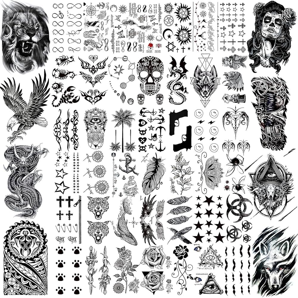 **Temporary Tattoo Paradise: Your Complete Collection Starter Pack** ✨

Bold eagles soar alongside mystical sugar skulls in this incredible temporary tattoo sheet that's basically a masterclass in ink artistry. From fierce lions to delicate feathers, geometric patterns to tribal designs, this collection lets you experiment with dozens of styles before committing to permanent ink. Perfect for festival season, special events, or just when you want to switch up your vibe without the lifelong commitment! 🦅💀