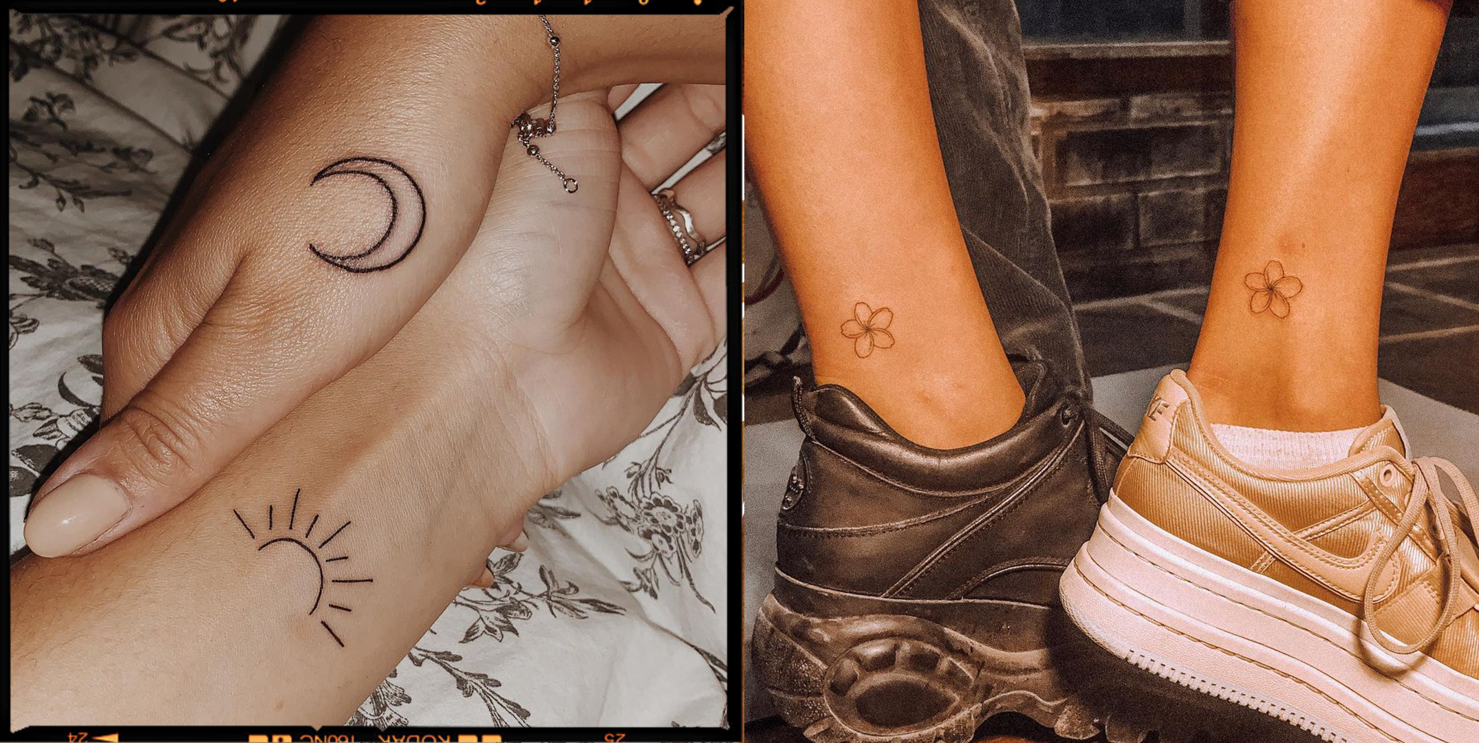 Delicate celestial symbols dance across skin in this charming collection of minimalist tattoos. The crescent moon and radiating sun create perfect balance on the hand, while tiny four-leaf clovers add a whimsical touch to the ankles ✨ These fine-line pieces prove that sometimes the smallest details make the biggest statement.