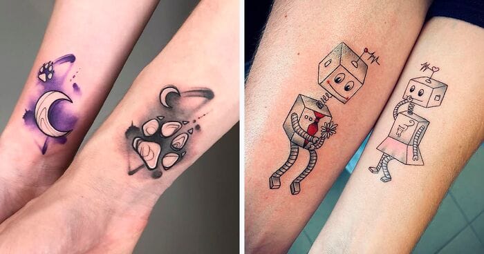 Playful partnerships take center stage in these adorable matching tattoo sets! The left pair showcases a whimsical teapot and teacup duo in soft purples, while the right features charming boxy robots with expressive faces that seem ready to embark on adventures together. These designs prove that couple tattoos can be both meaningful and irresistibly cute 🤖