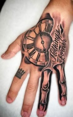 Bold Roman numerals cascade down weathered fingers while ornate script whispers secrets across scarred knuckles—this hand piece transforms everyday gestures into profound statements about time's relentless march. The melting clock elements blend seamlessly with decorative flourishes, creating a surreal masterpiece that turns a simple handshake into an encounter with mortality itself. ⏰