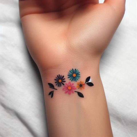 Delicate wildflowers bloom across this wrist in a symphony of coral, teal, and golden hues, creating an enchanting botanical bracelet that moves with every gesture. The strategic placement transforms an everyday canvas into a living garden, while the vibrant color palette adds an unexpected pop of joy to any outfit 🌸