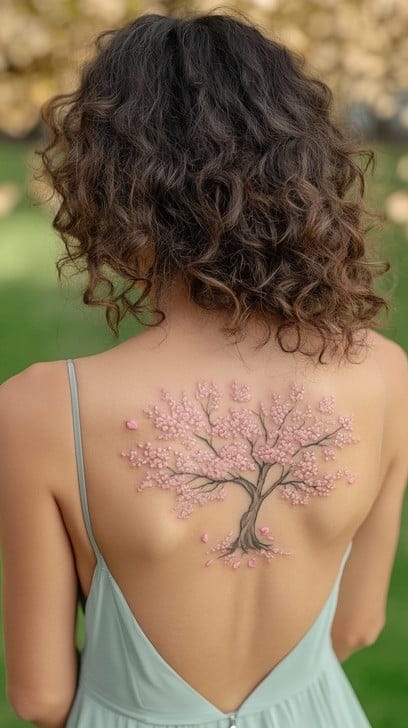 Delicate pink cherry blossoms cascade across this stunning back piece, creating an ethereal tree that seems to bloom right from the skin. The intricate branching detail and soft watercolor-style petals make this tattoo a masterpiece of botanical artistry that's perfectly positioned to peek above backless tops. 🌸