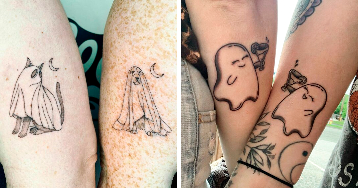 **Matching Ghost Companions That'll Haunt Your Heart** 👻

Delicate line work brings these adorable spirit friends to life across two arms, each ghost sporting their own personality while sharing celestial moon details. The left pair features a caped specter alongside a droopy-eared pup ghost, while the right showcases a weeping spirit clutching a steaming mug next to a contemplative companion. Perfect proof that matching tattoos don't have to be identical to tell a beautiful story of friendship.