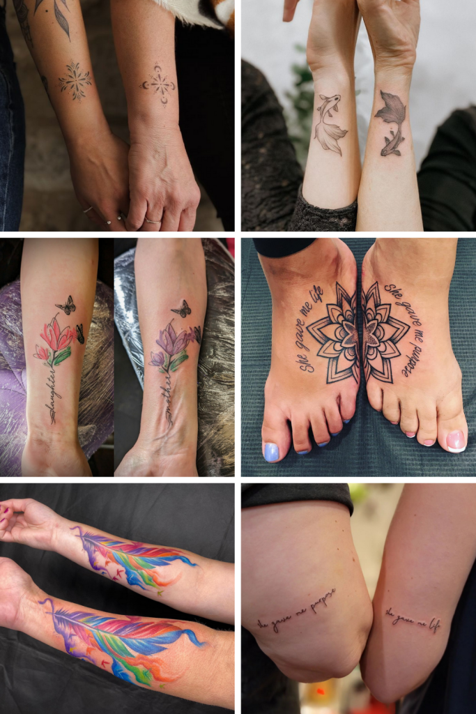 **Matching Tattoo Magic: Six Stunning Pairs That Celebrate Connection**

✨ Delicate compass roses bloom across two wrists like secret coordinates to each other's hearts, proving that the most meaningful tattoos whisper rather than shout.

Two graceful deer silhouettes mirror each other in perfect harmony, their minimalist lines capturing the gentle strength of a bond that transcends words.

Watercolor wildflowers cascade down these forearms in vibrant pink and purple hues, transforming skin into a living garden that celebrates growth and beauty together.

Sacred geometry meets spiritual connection as intricate mandalas unfold across both feet, creating a foundation of shared intention with every step forward.

Rainbow feathers take flight along these arms in an explosion of blues, purples, and coral, turning matching tattoos into wearable art that soars with possibility.

Poetry flows across inner thighs in elegant script, where intimate words become permanent reminders that some bonds are written in ink and sealed in trust.
