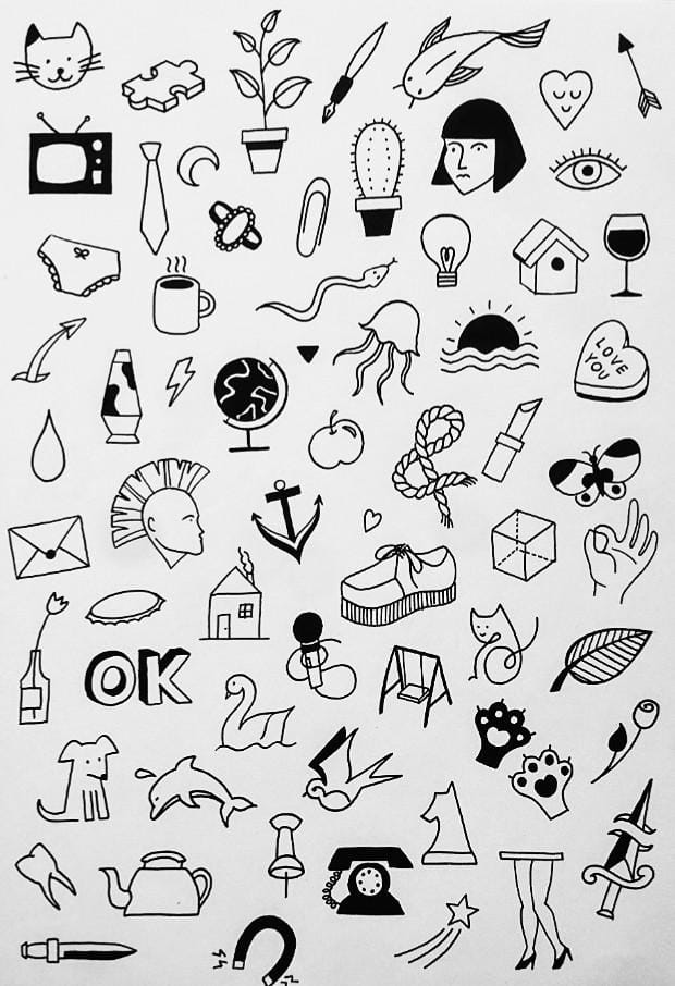 Scattered across the skin like a personal diary written in ink, this eclectic collection of minimalist symbols tells a thousand stories at once ✨ From tiny cats and cacti to anchors and wine glasses, each delicate line drawing represents a different chapter of someone's life. The beautifully chaotic arrangement creates a whimsical tapestry that's equal parts nostalgic sketchbook and meaningful memoir.