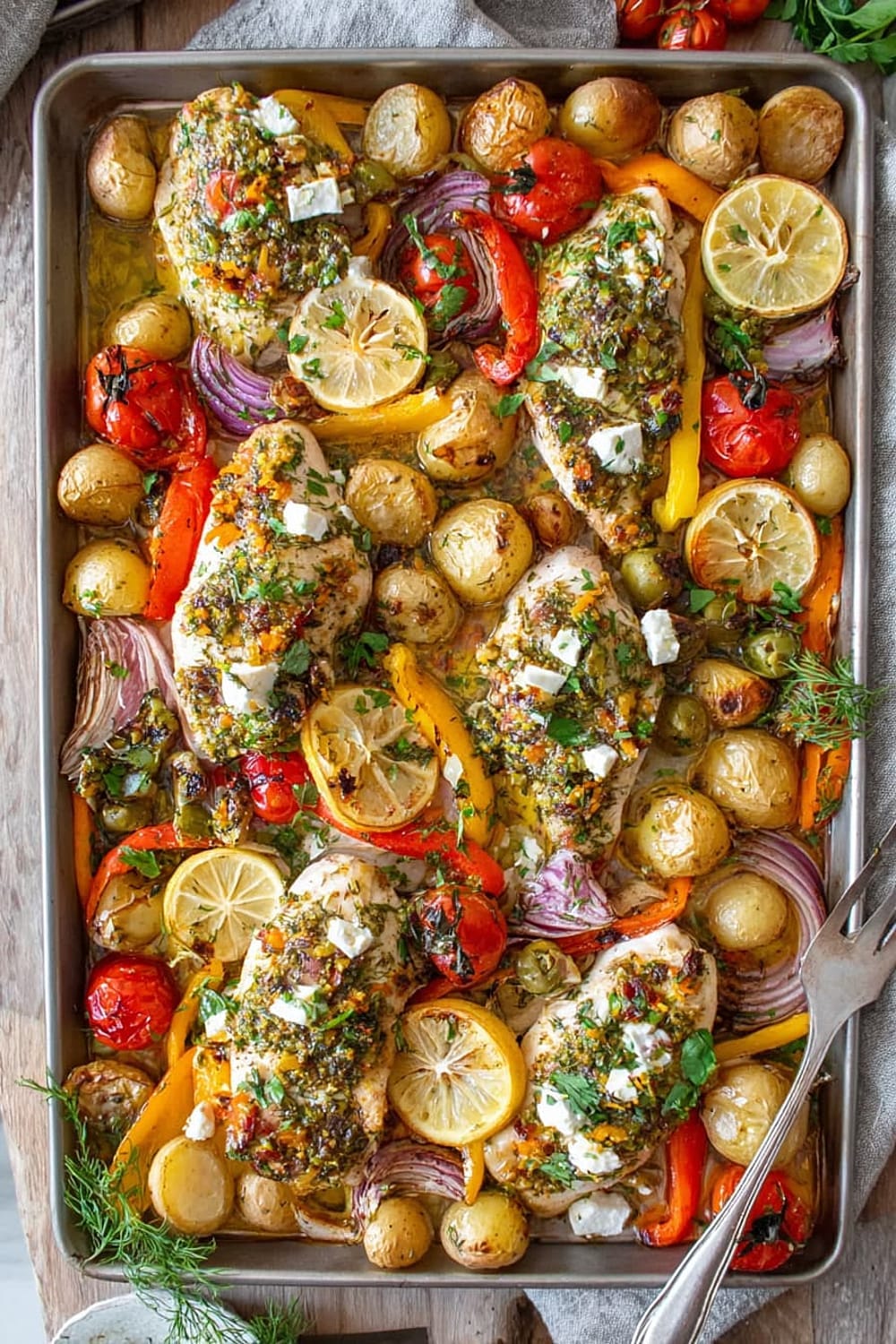 Herby Feta Lemon Chicken and Veggie Sheet Pan Dinner