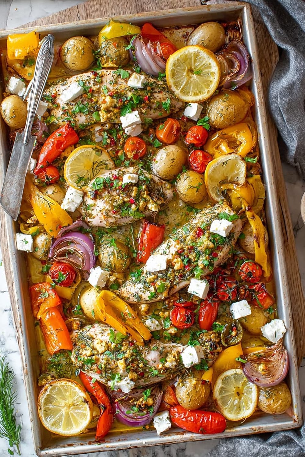 Herby Feta Lemon Chicken and Veggie Sheet Pan Dinner