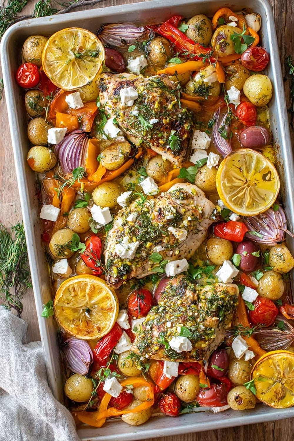 Herby Feta Lemon Chicken and Veggie Sheet Pan Dinner