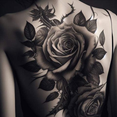 Dramatic black and grey roses cascade down this back piece with breathtaking realism, each petal rendered in exquisite detail that seems to emerge from the skin itself. The thorny stems and delicate leaves create a stunning contrast against the smooth canvas, transforming the entire back into a living garden of gothic romance. 🌹 Pure artistry that proves botanical tattoos can be both elegant and boldly striking.