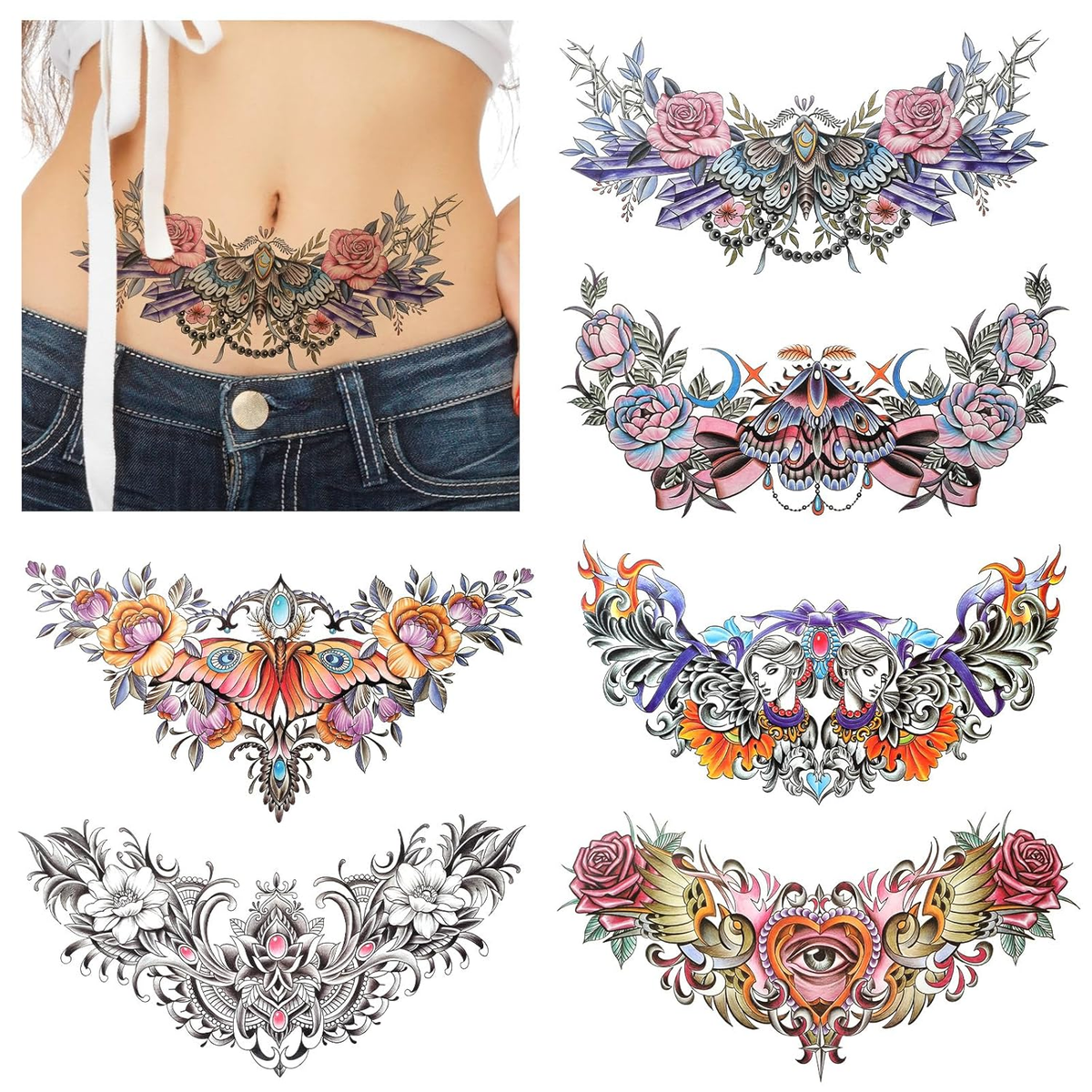 Here are unique Pinterest-style descriptions for each tattoo design:

**Top Left (worn tattoo):**
Botanical elegance meets mystical charm in this stunning under-bust piece featuring a delicate moth surrounded by roses and intricate foliage. The horizontal placement perfectly follows the natural curves of the ribcage, creating a feminine and ethereal statement.

**Top Right - Design 1:**
Symmetrical perfection unfolds in this enchanting moth and rose composition, where soft pink blooms frame ornate wings in perfect harmony. The detailed linework and jewel-like accents make this design pure tattoo artistry.

**Top Right - Design 2:**
Bold cecropia moth wings stretch majestically across flowing pink ribbons and blooming roses in this dramatic horizontal design. The eye-spots on the wings add an almost mystical quality that's absolutely mesmerizing.

**Bottom Left:**
Fiery sunset hues ignite this spectacular moth centerpiece, where peacock-bright wings spread between cascading peonies and ornate details. The warm color palette transforms traditional black ink into something truly extraordinary ✨

**Bottom Right:**
Twin portraits emerge from swirling flames and decorative elements in this bold, narrative-style piece that feels like ancient mythology come to life. The intricate faces and flowing hair create incredible depth and storytelling potential.

**Bottom Left (B&