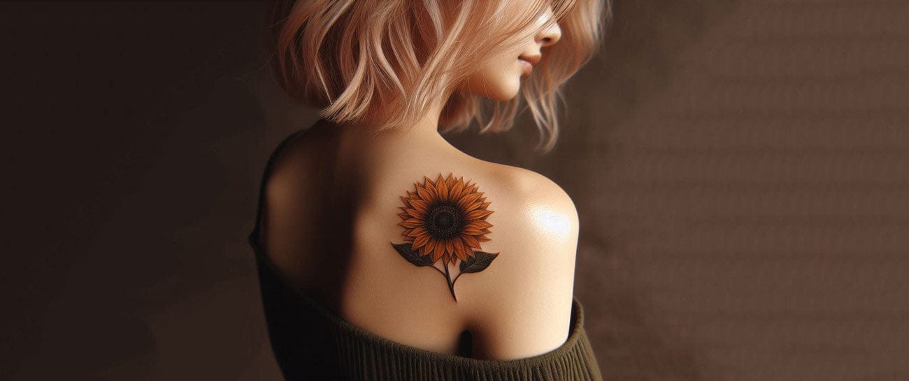 Positioned like nature's own spotlight between the shoulder blades, this vibrant sunflower tattoo creates stunning symmetry against the spine. The rich orange and yellow petals seem to glow against skin, while the realistic black center and delicate leaves add depth that makes this piece feel almost three-dimensional ☀️