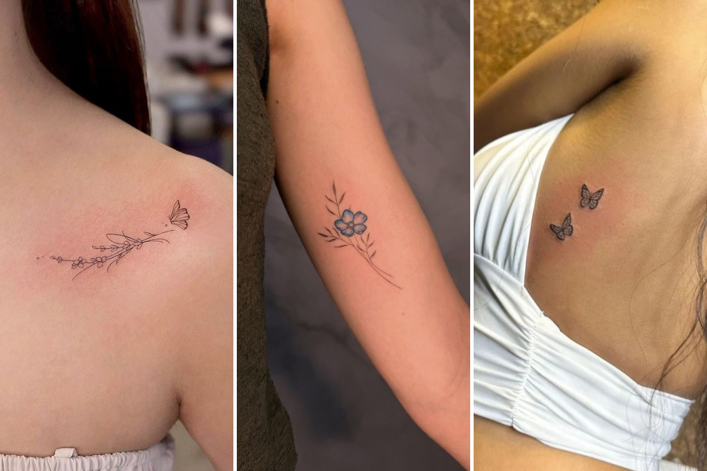 **Delicate Botanical Beauty Collection 🦋**
Graceful florals dance across skin in this stunning trio of minimalist tattoos. The left features an elegant stem with butterfly accent along the shoulder blade, while the center showcases a charming single bloom on the forearm, and the right displays two petite butterflies creating perfect symmetry on the back.
**Fine Line Floral Trio**
Whisper-thin linework brings these nature-inspired pieces to life with understated elegance. Each placement tells its own story—from the flowing shoulder design that follows the body's natural curves to the sweet forearm botanical and the playful butterfly duo that seems to flutter across the spine.
**Minimalist Garden Dreams**
Clean, contemporary styling meets timeless nature motifs in this beautiful collection of delicate tattoos. The subtle shading and precise linework create an almost sketch-like quality that feels both modern and organic, perfect for those who prefer their ink refined and feminine.