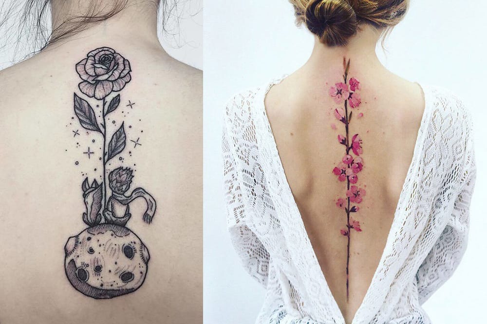 **Left tattoo:** Celestial meets botanical in this enchanting back piece where a delicate rose blooms from a whimsical moon crater, creating an otherworldly garden scene. The fine line work and dotwork stars scattered around the composition add a dreamy, mystical quality that transforms the spine into a canvas of cosmic poetry.

**Right tattoo:** Watercolor cherry blossoms cascade down the spine in this breathtaking floral masterpiece, with soft pink hues bleeding beautifully into the skin like painted silk. The delicate branch structure creates perfect symmetry while the open-back styling allows the artwork to flow seamlessly with the body's natural curves 🌸