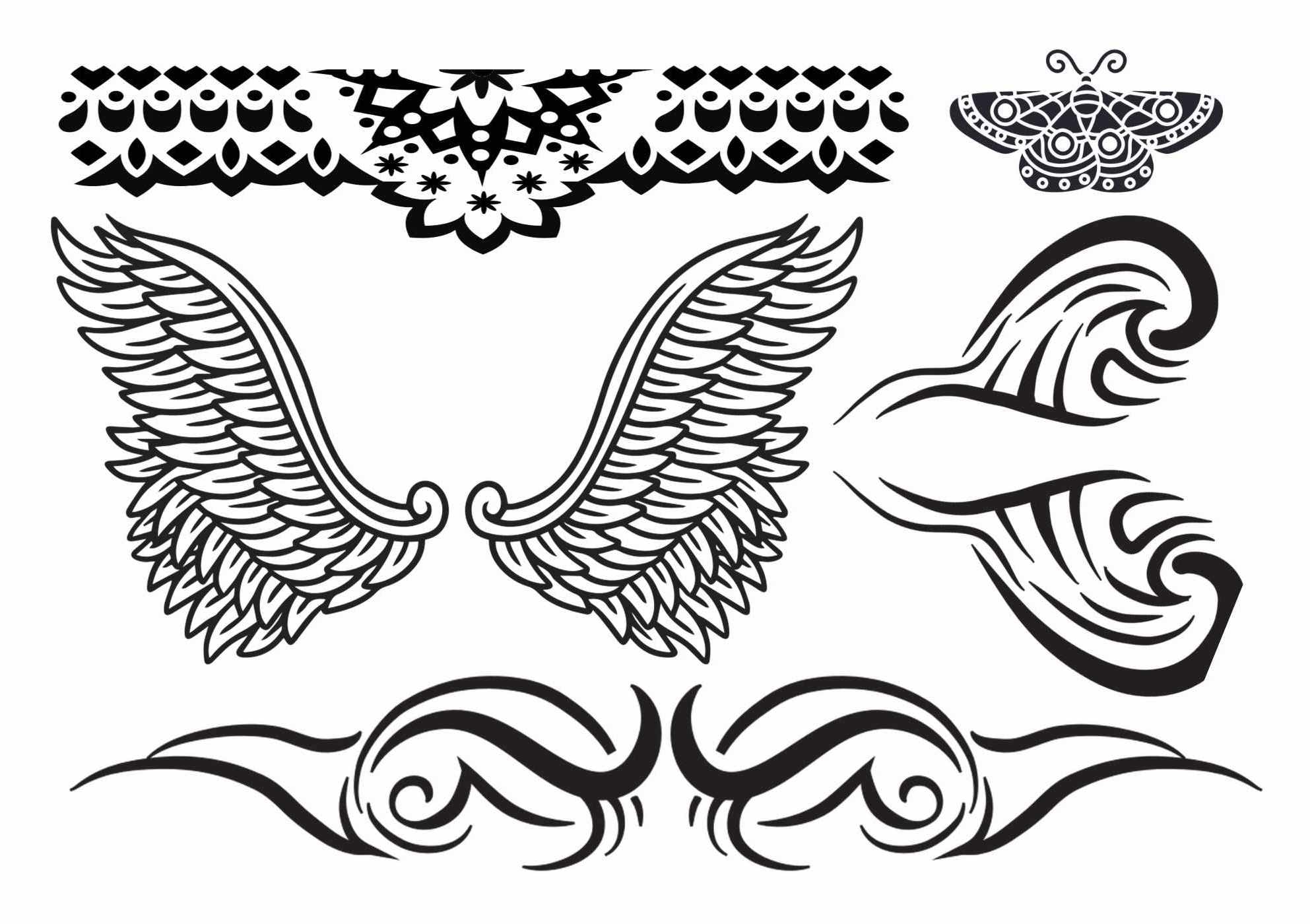 Wings spread wide with intricate feather detailing take center stage in this striking black ink collection, accompanied by flowing tribal elements and a delicate moth design. The ornate decorative border at the top adds an elegant touch, while the swirling wave-like patterns below create beautiful movement and flow. Perfect for someone seeking versatile pieces that can work individually or combined into a larger composition ✨