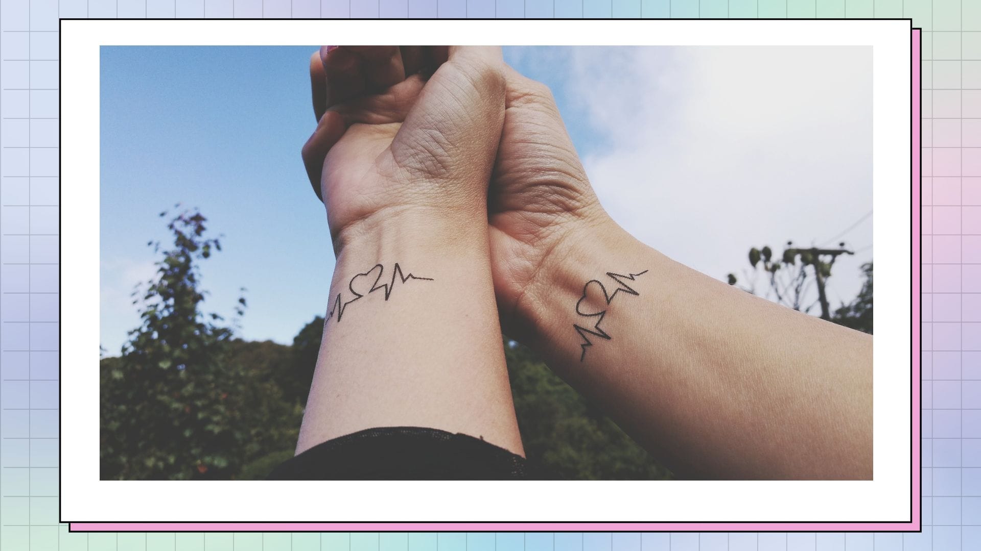 Complementary heartbeat-and-heart tattoos create the perfect symbol of synchronized love on these intertwined wrists. The minimalist line work captures that beautiful moment when two lives become one rhythm, while the natural outdoor setting adds an authentic, candid feel to this couples' ink. Simple yet profound, these matching designs prove that the most meaningful tattoos don't need to be elaborate 💕