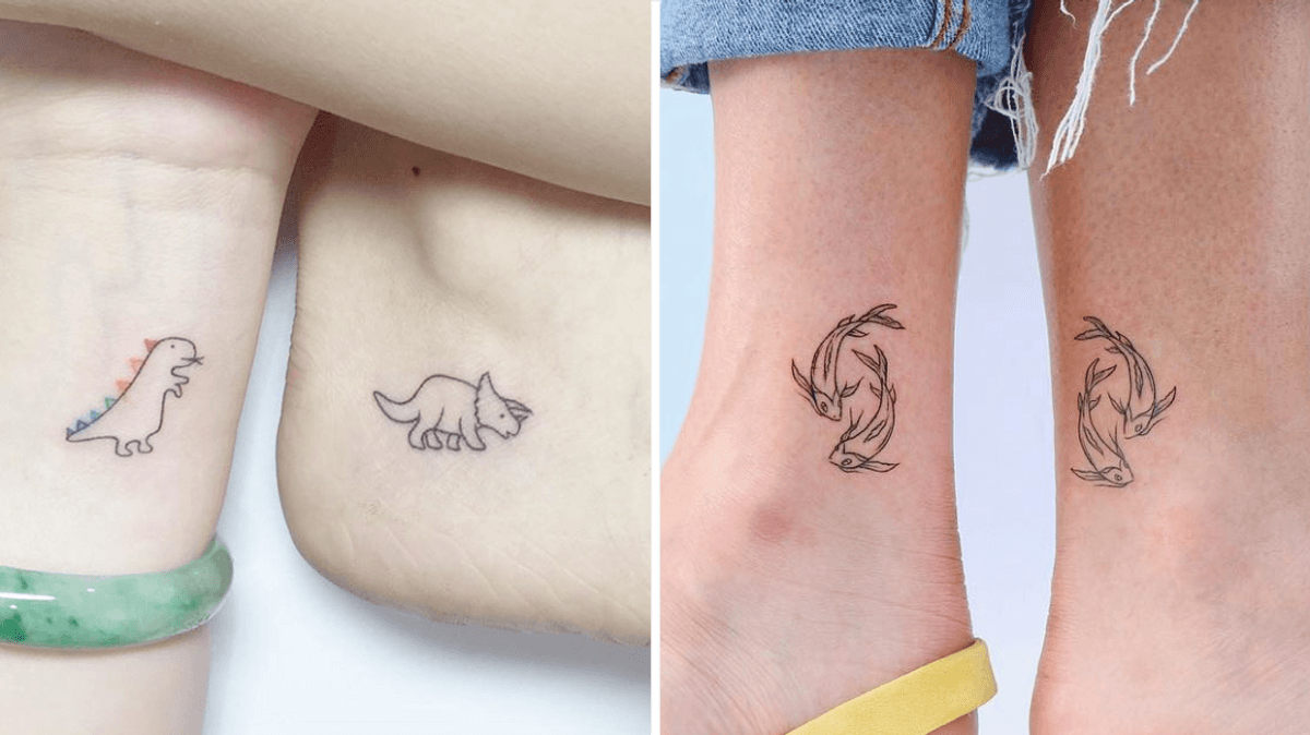 **Matching Minimalist Magic ✨**

Two beautifully contrasting tattoo pairs showcase the art of meaningful minimalism! The playful dinosaur duo brings out your inner child with their sweet, simple line work, while the elegant koi fish design creates flowing movement that perfectly follows the natural curve of the forearms. These delicate pieces prove that sometimes the smallest tattoos make the biggest statement about connection and shared stories.