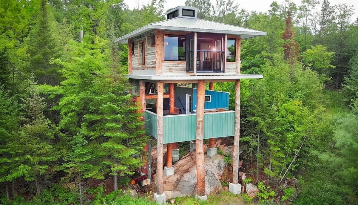 The Treehouse Built on Nine Hemlocks — Reclaimed Materials, Full Comfort