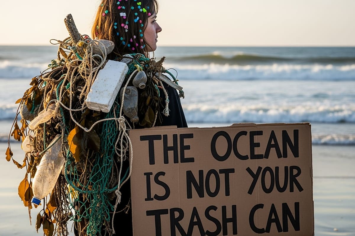 Anti-plastic activists cover themselves in ocean debris