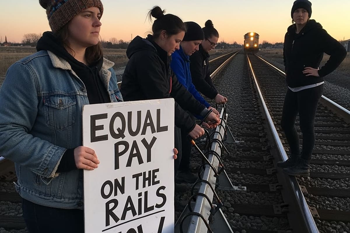 Radical feminists chain themselves to moving train for equal pay