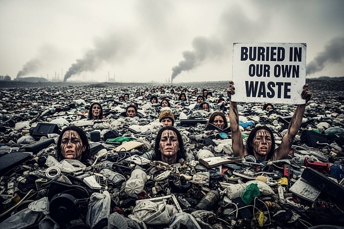 Recycling activists bury themselves in trash to protest waste.