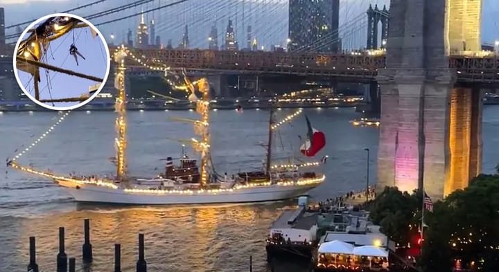 Chaos As Massive Mexican Sailing Ship Crashes Into Brooklyn Bridge Killing Two