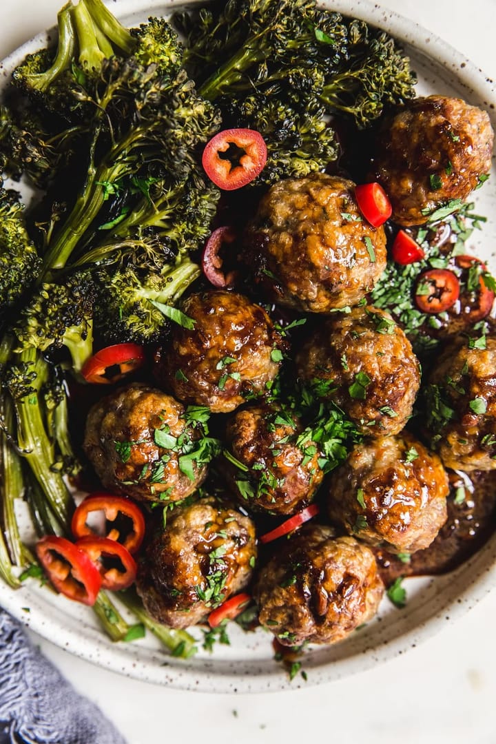 Baked Teriyaki Meatballs with Roasted Broccoli