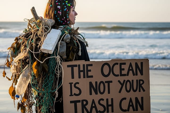 Anti-plastic activists cover themselves in ocean debris