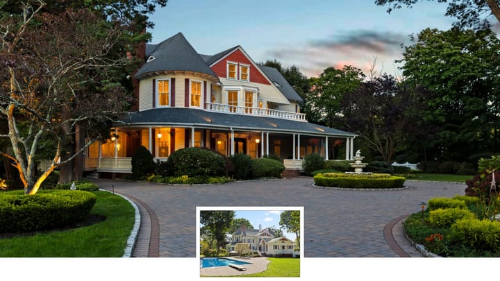 1860s Queen Anne Victorian on 1.7 Gated Acres in Bayport with Pool and Carriage House