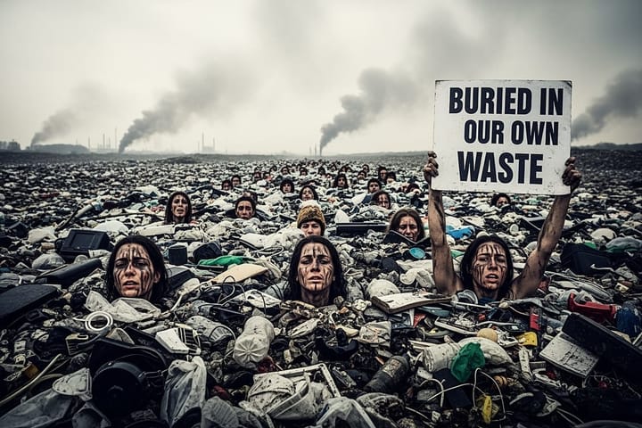 Recycling activists bury themselves in trash to protest waste.